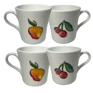 Vintage Corelle Corning Mug Fruit Apple & Cherry Set of 4 USA Design‎ 2 Sided